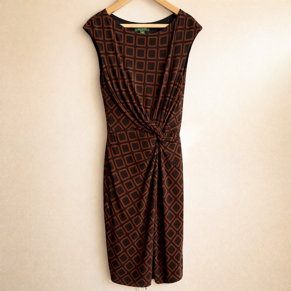 Lauren Ralph Lauren Dress Size 8 Brown Black Geometric Knot Sheath Stretch Midi - Picture 12 of 13